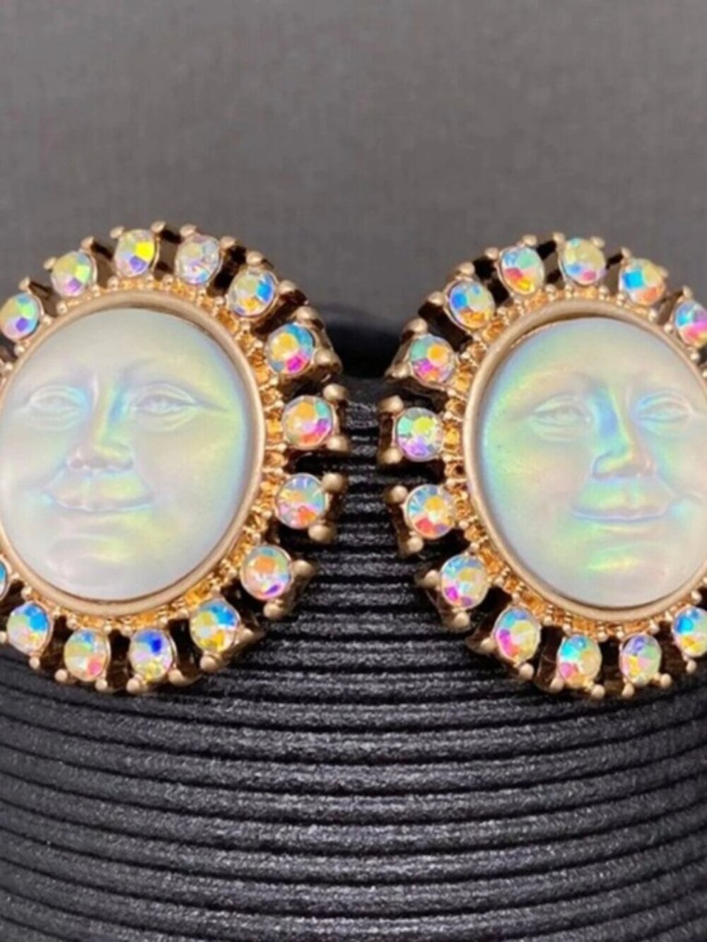 DESIGNER Celestial Moon Face Gold Iridescent Crystal Earrings**NEW!